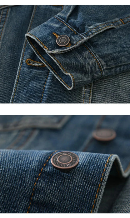 Close-up of a blue denim jacket with a button, showing texture and stitching details.