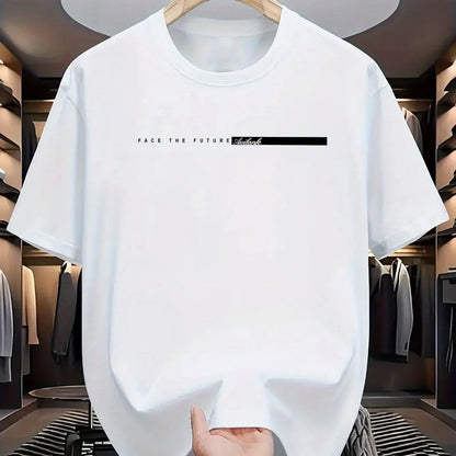 White t-shirt with text on a hanger in a clothing store.