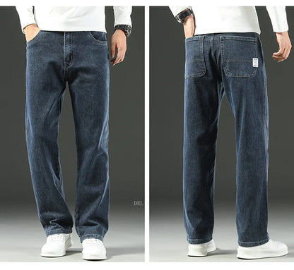 Two views of blue jeans worn by a person on a gray background