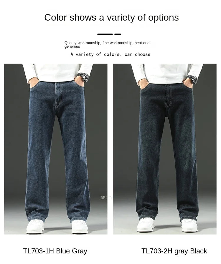 Two pairs of jeans in blue gray and black on a neutral background