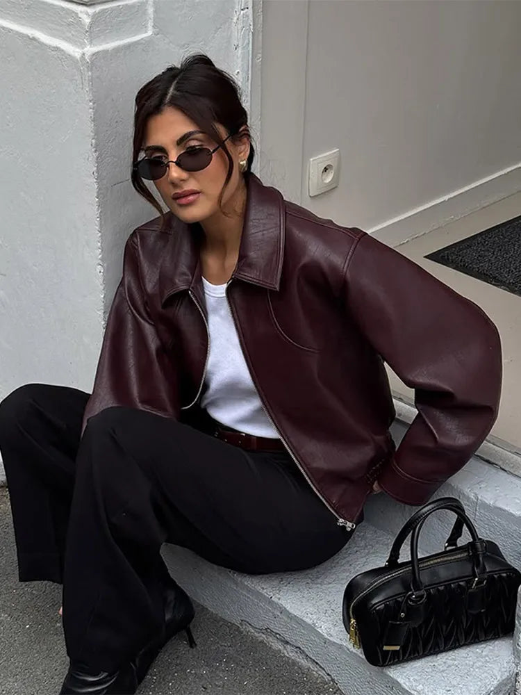 Vintage Burgundy Leather Bomber Jacket