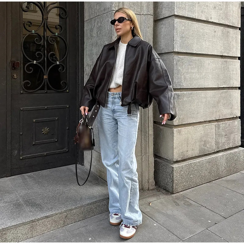 Vintage PU Leather Bomber Jacket