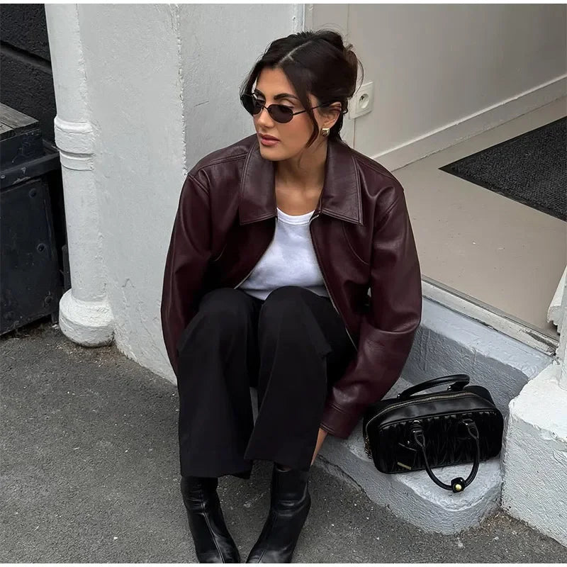 Vintage Burgundy Leather Bomber Jacket