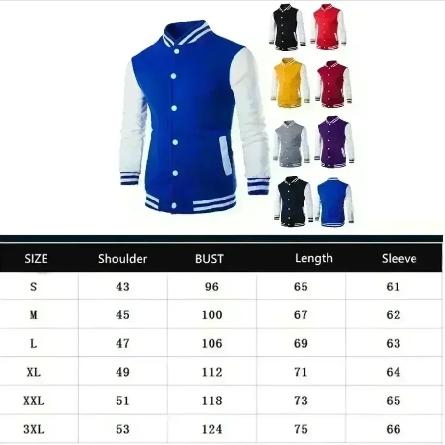 Blue and white varsity jacket with color options displayed above a size chart.