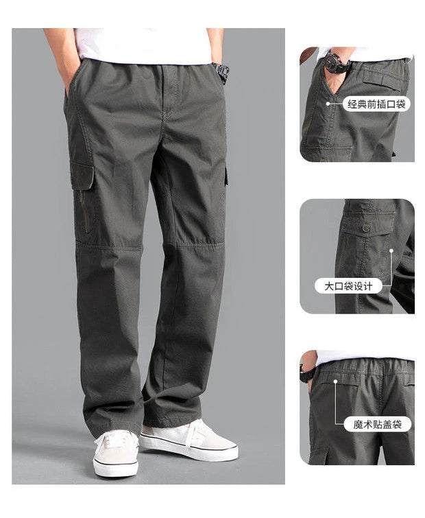 Gray cargo pants with multiple views on a gray background