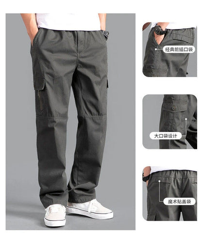 Gray cargo pants with multiple views on a gray background