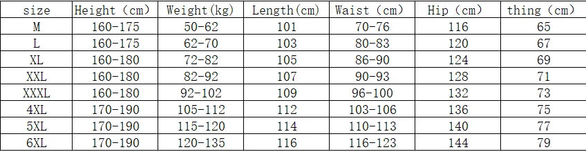 Table displaying size chart for clothing with measurements in centimeters.