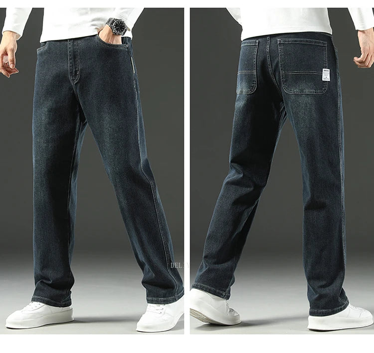 Two views of dark blue jeans worn by a person on a gray background