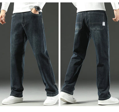 Two views of dark blue jeans worn by a person on a gray background