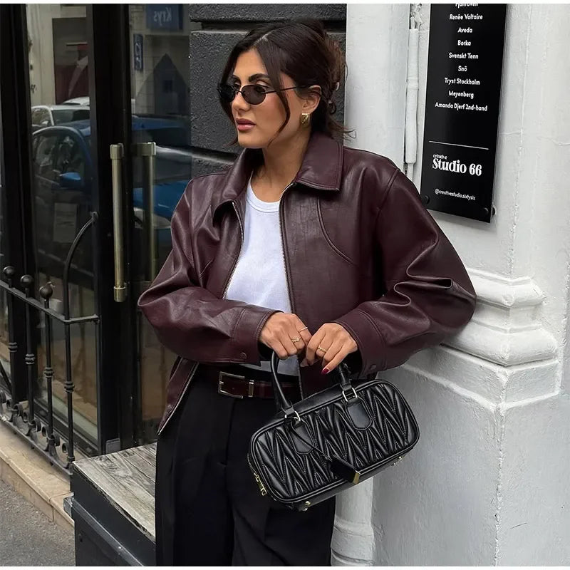 Vintage Burgundy Leather Bomber Jacket