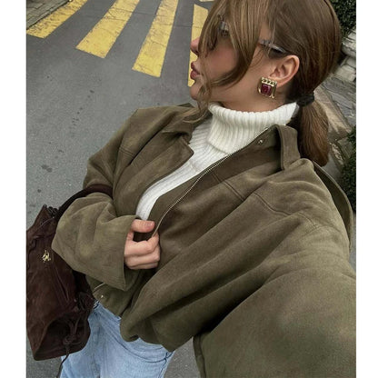 Women Oversized Suede Bomber Jacket