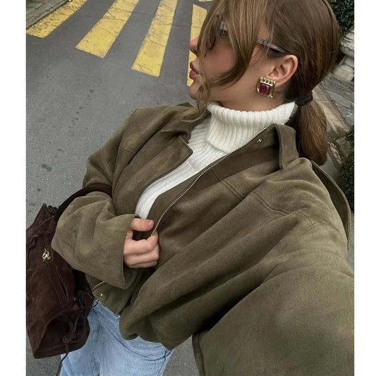 Women Oversized Suede Bomber Jacket
