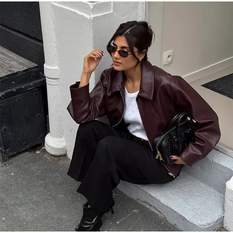 Vintage Burgundy Leather Bomber Jacket