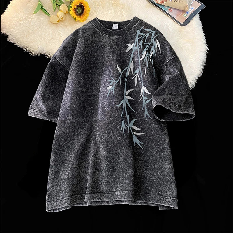 Bamboo Leaf Acid Wash Oversized Streetwear T-Shirt