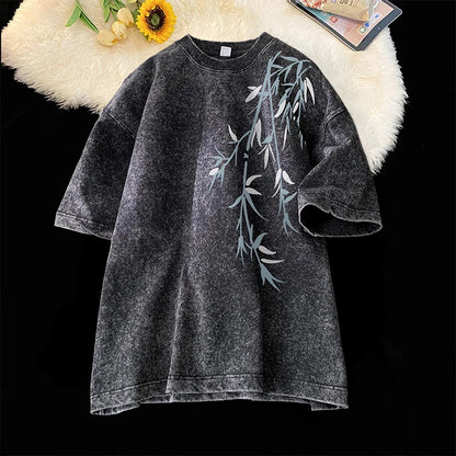 Bamboo Leaf Acid Wash Oversized Streetwear T-Shirt