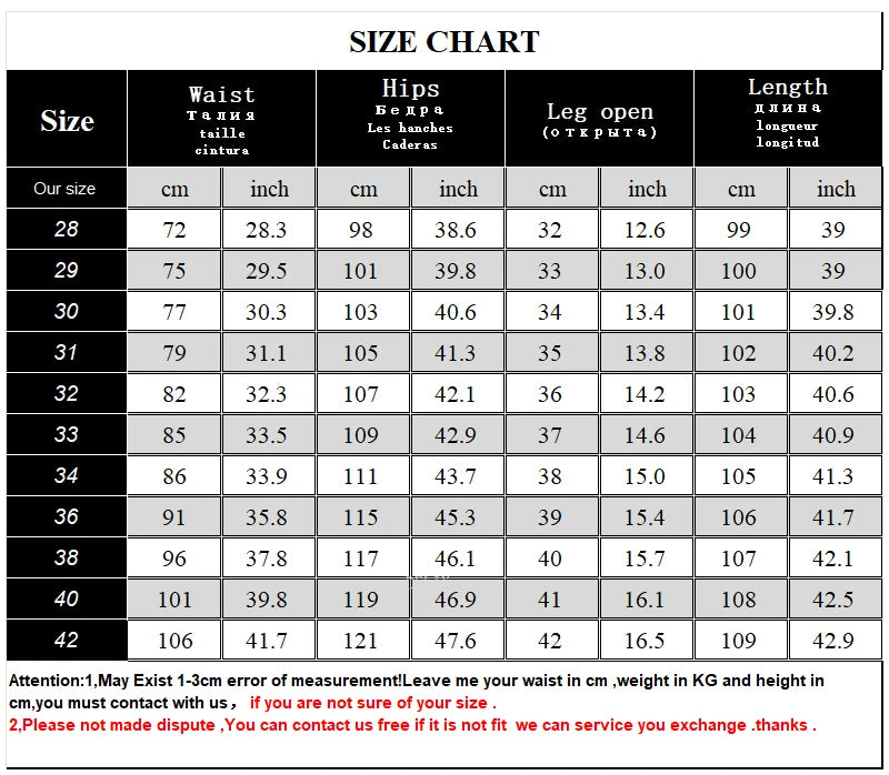 Size chart for clothing measurements in centimeters and inches