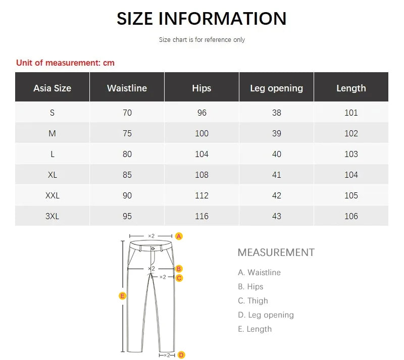 Size chart for pants with measurements in centimeters